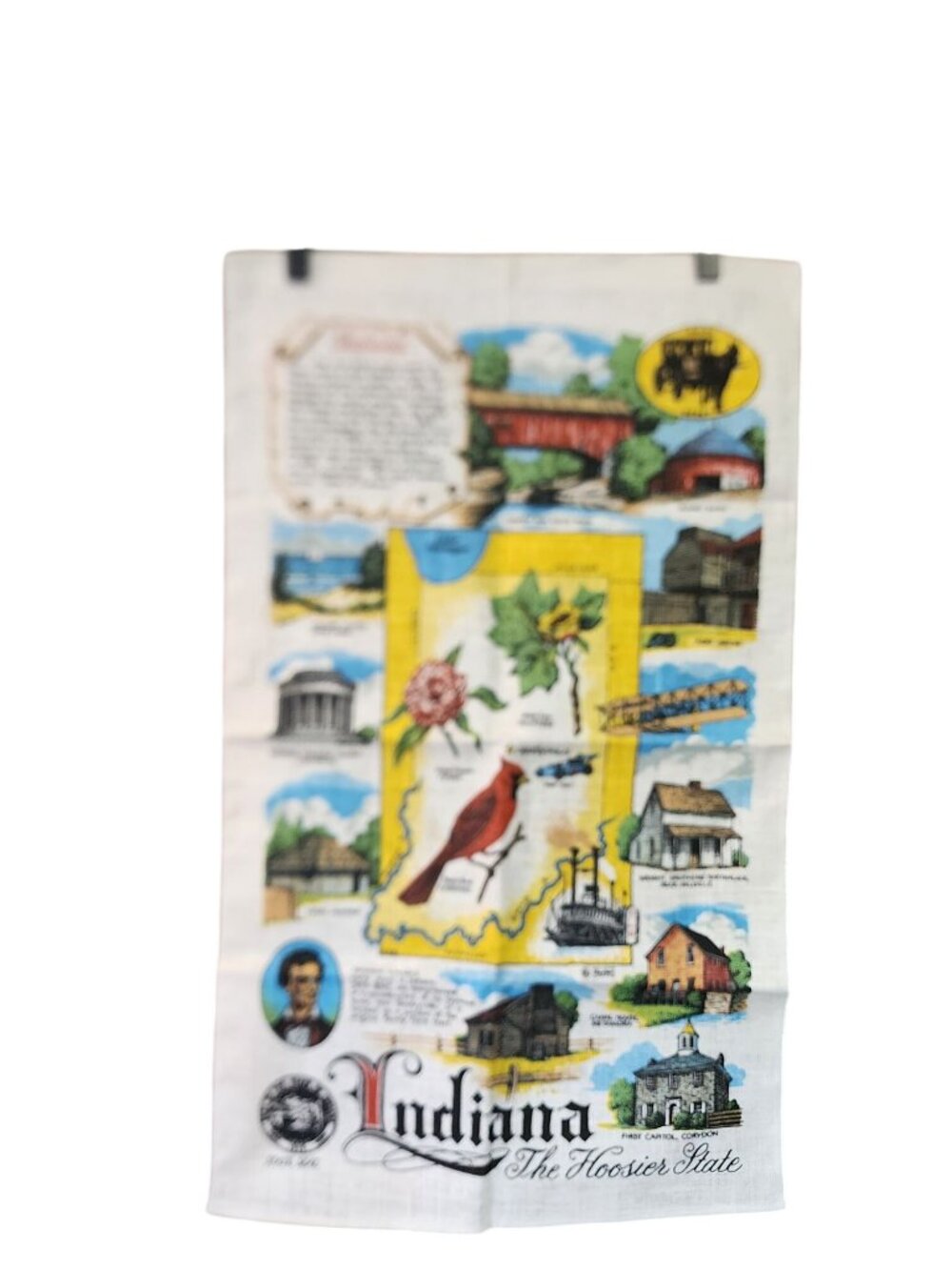 Vintage Indiana-Themed Linen Tea Towel Landmarks Indy 500 track Abraham Lincoln'
